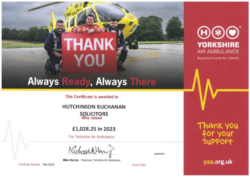 Yorkshire Air Ambulance Certificate